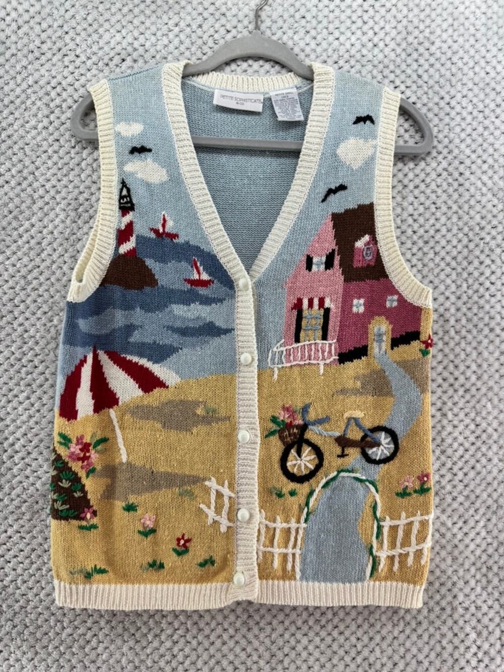 VTG Petite Sophisticate Vest Womens SP Blue Novelty Knit Beach Cottage Vacation